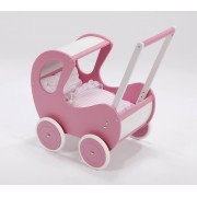 Houten poppenwagen de luxe in rose met witte wielen